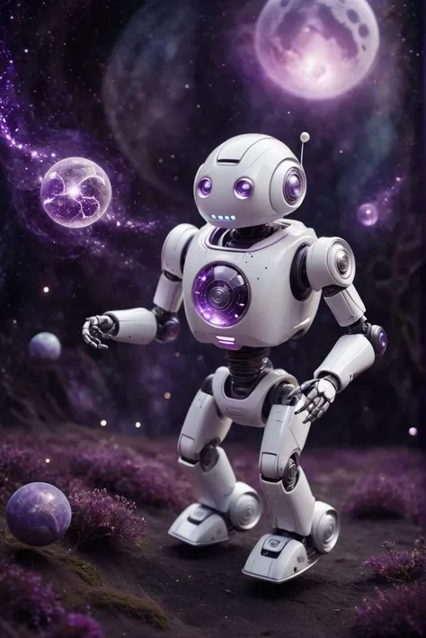 cute white plastic robot moving from one planet to another, intricate detailed background, magical atmosphere, wind of magic spell in the air, dark magic, purple glowing floating particles, whimsical fantasy art concept,fine textures,high quality textures of materials, volumetric textures, natural textures