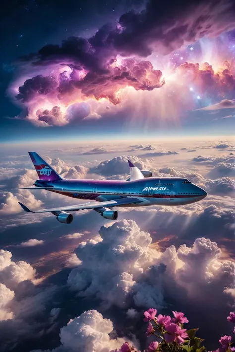 RAW Photography,Hyperrealistic the plane Boeing 747 in the clouds detailed with blooming flowers, ethereal cloud animals with shimmering outlines, passengers gazing in awe, vast sky with swirling galaxies, cosmic colors (purples, blues, pinks), dramatic lighting, mystical atmosphere, (sharpness in detail:1.1), Canon EOS 5D Mark IV, masterpiece, 35mm photograph, (iconic photograph:1.4), (visual storytelling:1.2), film grain, award winning photography,vibrant use of light and shadow, vivid colors,high quality textures of materials, volumetric textures perfect composition, dynamic play of light, rich colors, epic shot, perfectly quality, natural textures,high detail, high sharpness, high clarity, detailed ,photoshadow, intricate details, 8k