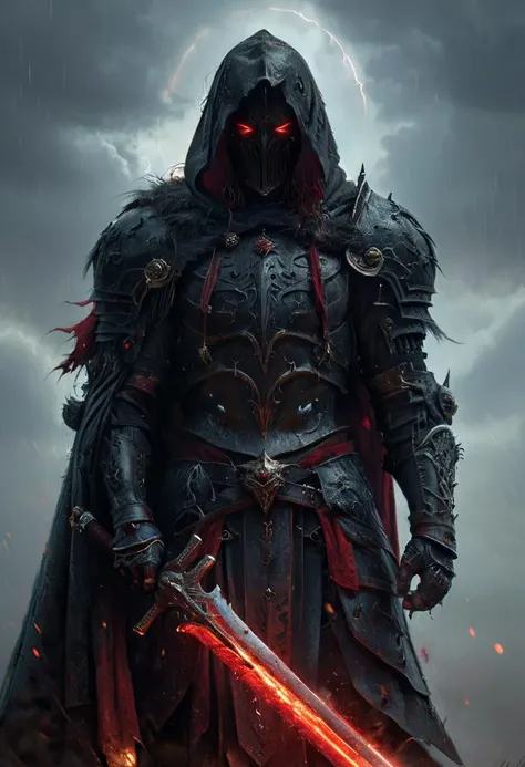 A stunning, highly detailed dark fantasy full body illustration of a proud demonic muscular male warrior wearing intricate medieval black HKStyle armor and an epic black ornamented mask, holding a great crimson glowing sword, red glooming eyes, , wearing big gauntlets, epic composition. The warrior stands heroic with a flowing cloak and black hood during a storm with foggy gloom, thunderclouds in the background . The scene depicts him with brooding emotional agony , style by Greg Rutkowski, by Milo Manara and Russ Mills, with insanely intricate details and textures, gloomy dramatic lighting, 8K resolution. <lora:HKStyle:1>