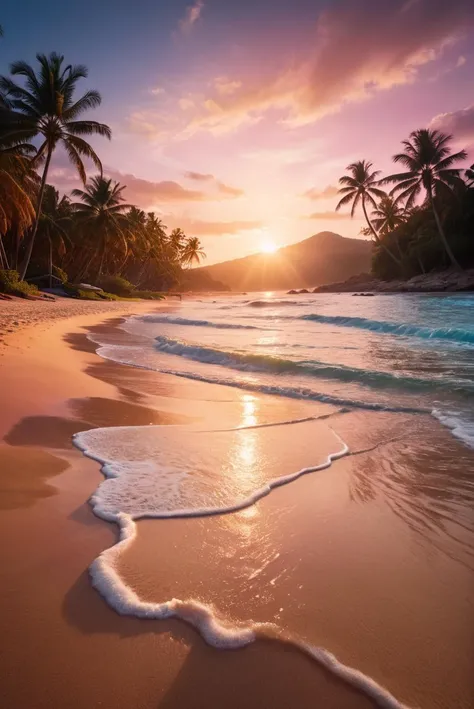 RAW Photography,gorgeous vacation beach with yellow sand, blue watter, and palm trees, pink sunset, full sharp, (epic wallpaper), (sharpness in detail:1.1), Canon EOS 5D Mark IV, masterpiece, 35mm photograph, (iconic photograph:1.4), (visual storytelling:1.2), film grain, award winning photography,vibrant use of light and shadow, vivid colors,high quality textures of materials, volumetric textures  perfect composition, dynamic play of light, rich colors, epic shot, perfectly quality, natural textures,high detail, high sharpness, high clarity, detailed ,photoshadow,  intricate details, 8k