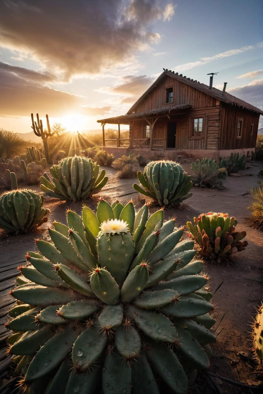RAW Photography,a cactus field,autumn old wooden village house, wind, wide angle,dew drops,sunrise,clouds,, (sharpness in detail:1.1), Canon EOS 5D Mark IV, masterpiece, 35mm photograph, (iconic photograph:1.4), (visual storytelling:1.2), film grain, award winning photography,vibrant use of light and shadow, vivid colors,high quality textures of materials, volumetric textures perfect composition, dynamic play of light, rich colors, epic shot, perfectly quality, natural textures,high detail, high sharpness, high clarity, detailed ,photoshadow, intricate details, 8k