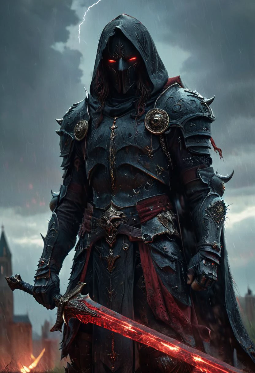 A stunning, highly detailed dark fantasy full body illustration of a proud demonic muscular male warrior wearing intricate medieval black HKStyle armor and an epic black ornamented mask, holding a great crimson glowing sword, red glooming eyes, , wearing big gauntlets, epic composition. The warrior stands heroic with a flowing cloak and black hood during a storm with foggy gloom, thunderclouds in the background . The scene depicts him with brooding emotional agony , style by Greg Rutkowski, by Milo Manara and Russ Mills, with insanely intricate details and textures, gloomy dramatic lighting, 8K resolution. <lora:HKStyle:1>