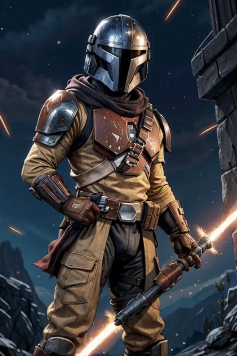 a star wars scene with the mandalorian holding a light saber at night on coruscant , mandalorian helmet