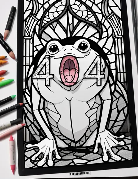 a digital colouring book,black and white outlines of a frog, monochrome, digital art, clean lines, marker drawing, stained glass , paper drawing, 2d, "404" integrated into image