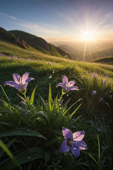 RAW Photography,hill, Bellflower flowers and grass, sunrise, sunrays, drops dew,clouds,lens flare, low wide angle, (sharpness in detail:1.1), Canon EOS 5D Mark IV, masterpiece, 35mm photograph, (iconic photograph:1.4), (visual storytelling:1.2), film grain, award winning photography,vibrant use of light and shadow, vivid colors,high quality textures of materials, volumetric textures perfect composition, dynamic play of light, rich colors, epic shot, perfectly quality, natural textures,high detail, high sharpness, high clarity, detailed ,photoshadow, intricate details, 8k