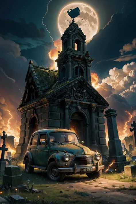 (dynamic pose:1.2),(dynamic camera),masterpiece, a Dark green grass Kia car  on in a post-apocalyptic cemetery, mossy tombstones, open mausoleum, rusted gate.,storm,night moon,twisted metal, gaping chasms, severed transportation routes high speed,flames, explosions, fires,(dust rocks on foreground), RAW photo, full sharp, (FullHD epic wallpaper) 8k uhd, dslr, soft lighting, high quality, film grain, Fujifilm XT3