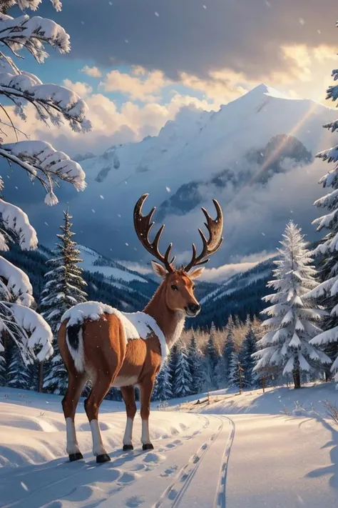 a reindeer in a snowy farm, snowy forest background view