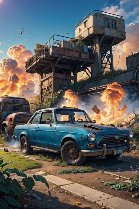 (dynamic pose:1.2),(dynamic camera),masterpiece, a dark blue Ford car on in a post-apocalyptic overgrown park, weedy flower beds, rusted playground, dried fountain, mossy benches.,twisted metal, gaping chasms, severed transportation routes high speed,flames, explosions, fires,(dust rocks on foreground), RAW photo, full sharp, (FullHD epic wallpaper) 8k uhd, dslr, soft lighting, high quality, film grain, Fujifilm XT3