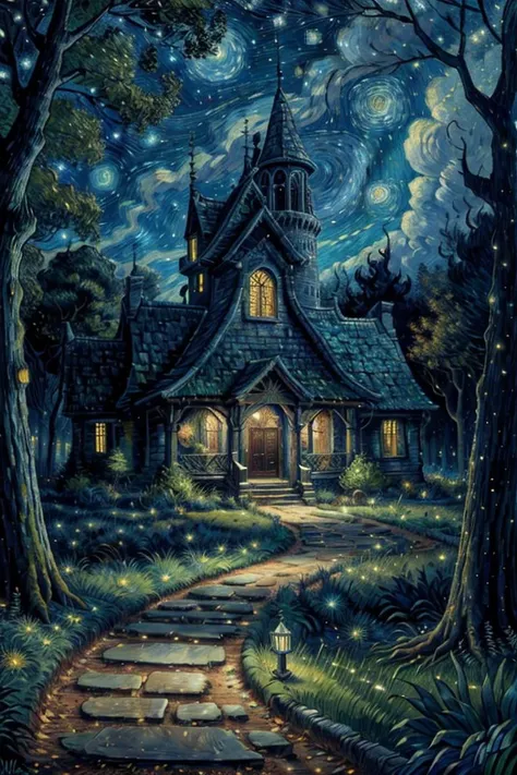 scary paths with crypts and dead trees at night, fine detail oil painting in the style of vincent van gogh's starry night, RAW photo, full sharp, (FullHD epic wallpaper) 8k uhd, dslr, soft lighting, high quality, film grain, Fujifilm XT3
