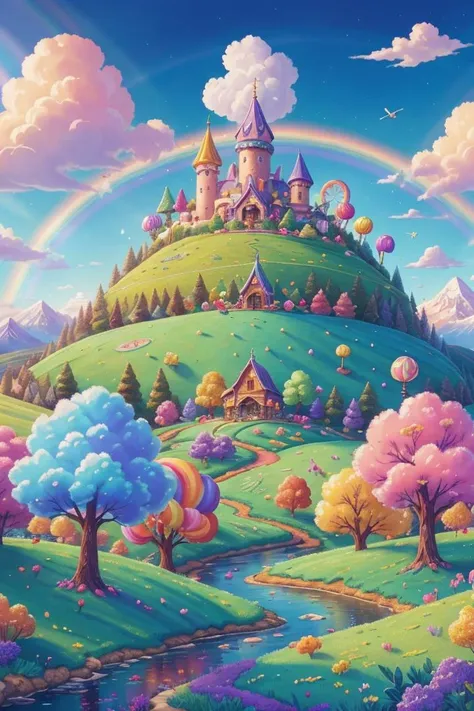 a fantastical world where everything is made of candy. Picture sugary mountains, cotton candy clouds, and gumdrop trees stretching toward a rainbow sky. Create a vibrant landscape with rivers of chocolate, marshmallow meadows, and lollipop forests