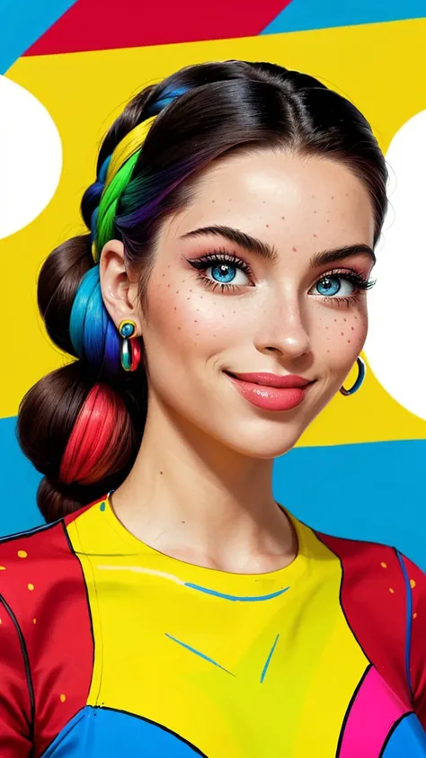 (pop art, vibrant colors, iconic, bold outlines, dotted:1.15), <lora:sd15_ReneeMurden_v1:.9> ReneeMurden, focus on eyes, close up on face, smiling, wearing jewelry, hair styled braided bun,