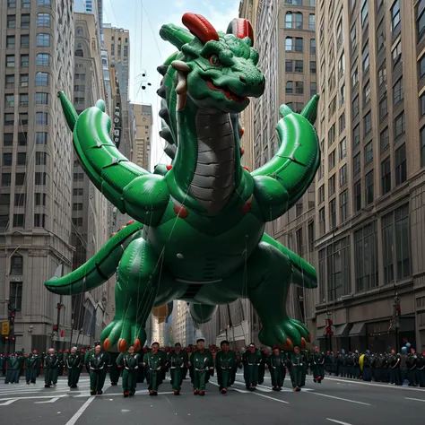 <lora:B41100n_01C-final:0.9>,a raw photograph of couple of large helium filled (B41100n balloon:1.4) shaped like (garden Dragon :1.2),prone,floating high above the street with team holding guide ropes,during Macy's NYC parade,with park and trees behind,with tall buildings in background,(slightly above shot angle:1.1),realistic photograph,wide_angle_view,highres,absurdres,hyper realistic,HDR UDH 8K wallpaper,photo realistic,award winning,best quality,masterpiece,intricately detailed,high contrast,
