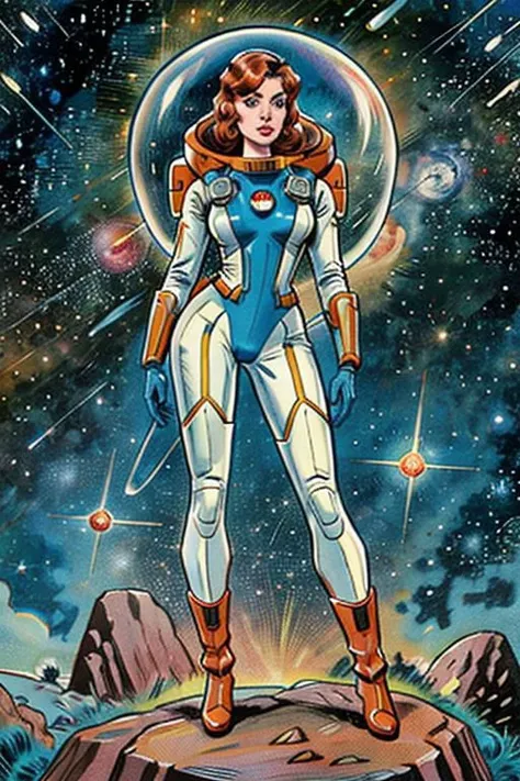 Masterpiece, best quality, hi res, 8k, hi res, 8k,  award winning , (sharp focus, intricate, highly detailed) <lora:kirbywood:0.9> kirbywood, drawing of an attractive woman in space wearing a retro spacesuit , vintage color comics, full body