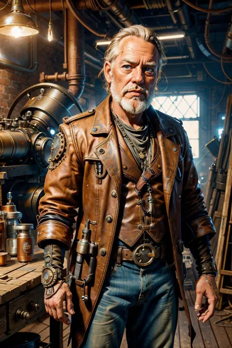 steampunk theme, old used worn out humanoid male android, rusty, (fluid flows out), in a workshop, RAW photo, full sharp, (FullHD epic wallpaper) 8k uhd, dslr, soft lighting, high quality, film grain, Fujifilm XT3