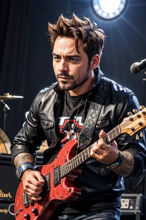 A music promo, (close-up) angry Robert Downey Jr. holding metal guitare, rough, dark stage in the background