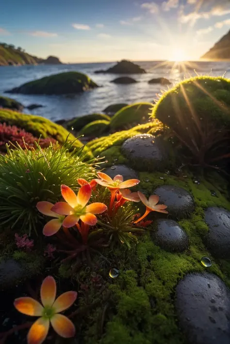 RAW Photography,ocean bottom, Diosma flowers and moss, sunrise, sunrays, drops dew,clouds,lens flare, low wide angle, (sharpness in detail:1.1), Canon EOS 5D Mark IV, masterpiece, 35mm photograph, (iconic photograph:1.4), (visual storytelling:1.2), film grain, award winning photography,vibrant use of light and shadow, vivid colors,high quality textures of materials, volumetric textures perfect composition, dynamic play of light, rich colors, epic shot, perfectly quality, natural textures,high detail, high sharpness, high clarity, detailed ,photoshadow, intricate details, 8k