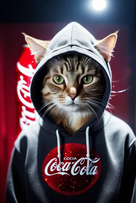 texture cinematic photo long exposure photo of Cat wearing embellished hoodie with coca-cola style . Blurred motion, streaks of light, surreal, dreamy, ghosting effect, highly detailed . 35mm photograph, film, bokeh, professional, 4k, highly detailed top down close-up