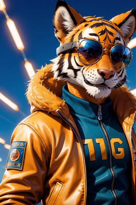 (dynamic pose:1.2),(dynamic camera),a tiger wearing sunglasses and a jacket, fur, high detail iconic character, googles, fursona wearing stylish clothes, close up character, super cool rocket, nick wilde