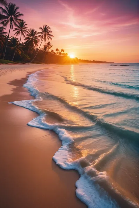 Documentary RAW Photography,gorgeous vacation beach with yellow sand, blue watter, and palm trees, pink sunset, full sharp, (epic wallpaper), (sharpness in detail:1.1), masterpiece, 35mm photograph, (iconic photograph:1.4), (visual storytelling:1.2), film grain, award winning photography,vibrant use of light and shadow, high quality textures of materials, volumetric textures perfect composition, dynamic play of light, rich colors, epic shot, perfectly quality, natural textures,high detail, photoshadow, (natural colors, correct white balance, color correction, dehaze),(intricate detailed), 8k