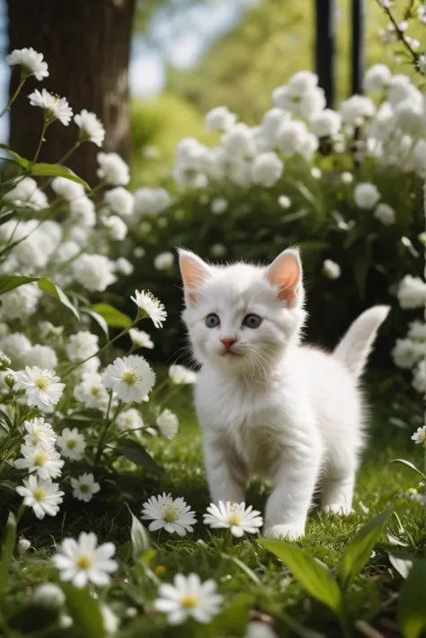 Documentary RAW Photography,Spring garden, white flowers falling from the trees, a kitten playing on the ground, fluffy fur, dreamy scene, clear and simple background, crisp brushstrokes, fine details, texture of plants, clean image, minimalist, (sharpness in detail:1.1), masterpiece, 35mm photograph, (iconic photograph:1.4), (visual storytelling:1.2), film grain, award winning photography,vibrant use of light and shadow, high quality textures of materials, volumetric textures  perfect composition, dynamic play of light, rich colors, epic shot, perfectly quality, natural textures,high detail, photoshadow, (natural colors, correct white balance, color correction, dehaze),(intricate detailed), 8k
