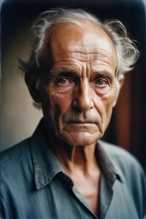 Faded Fujifilm Photo, (dynamic pose:1.2),(dynamic camera),Fine art photography, (amateur photo), (analog photo:1.2,film grain),Bust portrait old very scary american man, picture to ththinning hair, small little eyes, with wrinkles and dark circles telling a story, dark room background,vivid colours,realistic,photographic, (natural colors, correct white balance, color correction, dehaze,clarity), background rich in details, conceptual image,masterpiece, award winning photography, (lightroom:1.13), soft light, (natural skin texture, hyperrealism:1.2), sharp focus, focused, analog, old faded photo, old Fujifilm