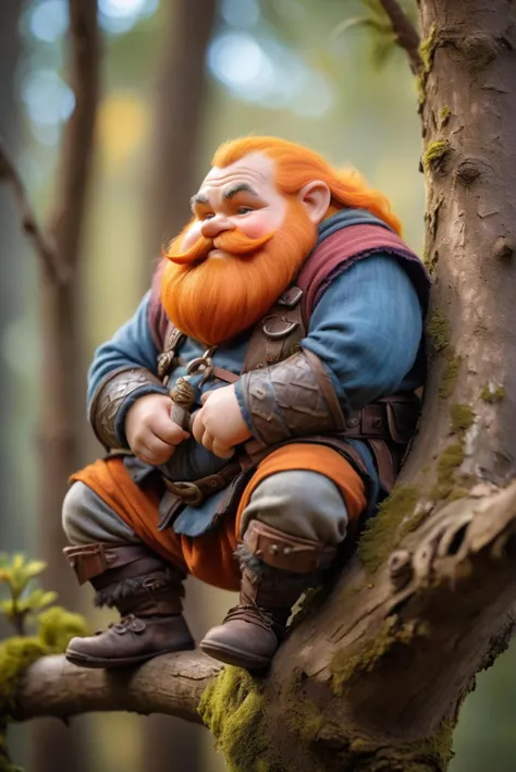 photo RAW,a fat dwarf sits on a tree branch, exceptional shallow depth-of-field capabilities, atmospheric haze blur,vivid colors,high quality textures of materials, volumetric textures, coating textures, fabric textures, metal textures, stone textures, natural textures