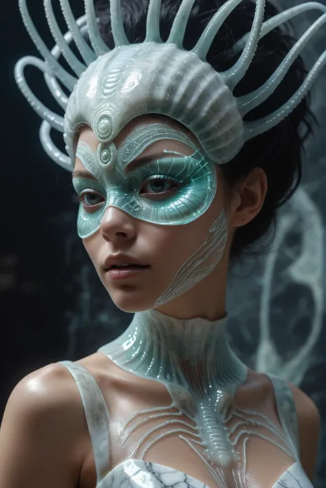 sea urchin blended face mask worn by alien worm goddess, digital hologram hud fui overlay schematic engraved in marble