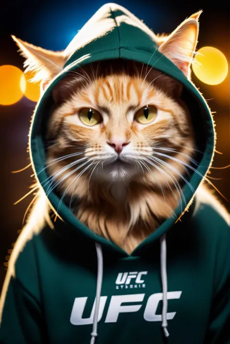 texture cinematic photo long exposure photo of Ginger Cat wearing embellished hoodie with logo UFC style, sunglasses . Blurred motion, streaks of light, surreal, dreamy, ghosting effect, highly detailed . 35mm photograph, film, bokeh, professional, 4k, highly detailed top down close-up