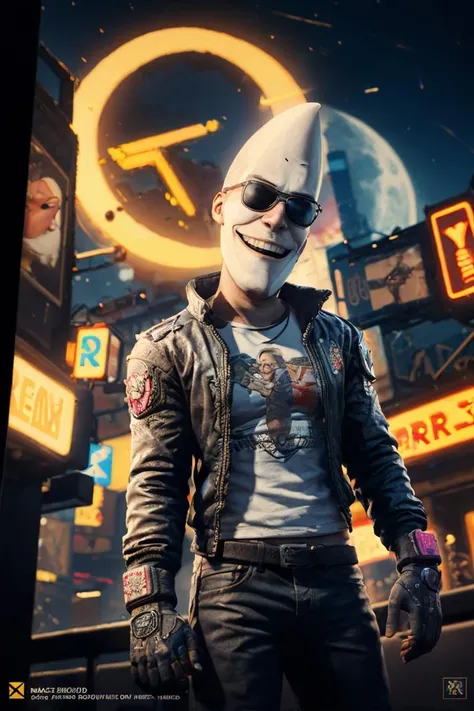 (((Mactonight))), (cyberpunk 2077, holding AK-47 in one hand), black suit, smiling, bright neon city background, masterpiece, highest quality, RAW photo, full sharp, 8k uhd, dslr, soft lighting,
<lora:mactonight:1>, large crescent moon head, oversized head, moonman, color splash