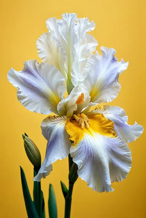 analog photo,photoart_style,realistic,film grain,4k,A blooming iris, white iris with visible stamen, yellow background
, anatomically perfect, super detailed, award winning photography,volumetric natural light, epic atmosphere,perfect composition, highly detail, enchanted,deep rich vivid colors, perfect symmetry, great composition, complimentary colors, beautiful elegant stylish, intricate detail