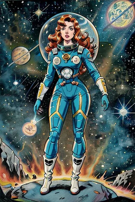 Masterpiece, best quality, hi res, 8k, hi res, 8k, award winning , (sharp focus, intricate, highly detailed) <lora:kirbywood:0.9> kirbywood, drawing of an attractive woman in space wearing a retro spacesuit , vintage color comics, full body