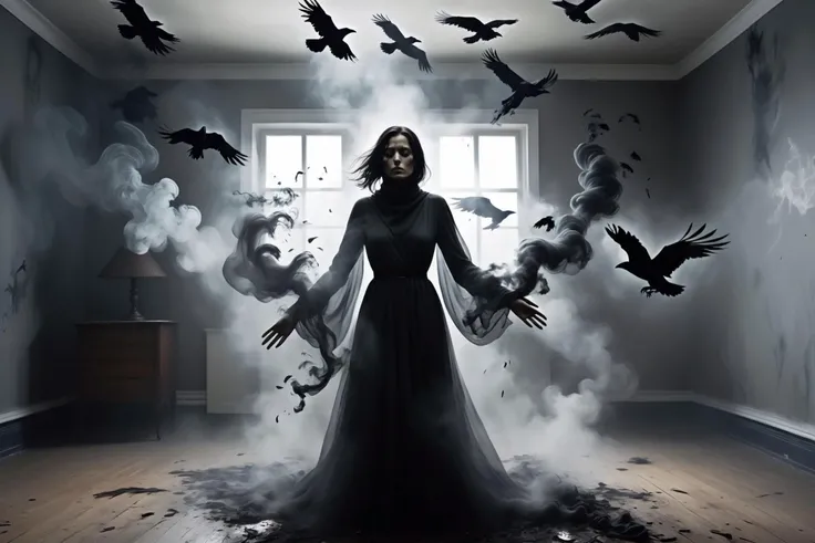 shadowy figure (dissolving lika a murder of ravens:1.3), (smoke:1.5), wisps of smoke, blown apart, in a room, bleak, grey