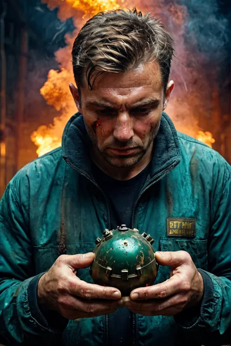 (photoart_style,realistic,film grain,4k),a man with a dirty face and sweat on his face looking down at his hands holding a bomb, holding futuristic bomb device,deep rich vivid colors, intricate detail, perfect symmetry, epic atmosphere, great composition, perfect composition, highly detail, enchanted, beautiful, complimentary colors, beautiful elegant
