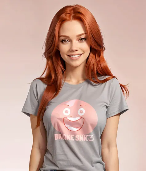 resting chin on hand, long straight red hair smile looking at camera young woman tshirt looking at viewer posing. brown_eyes large logo on tshirt branded clothing european 1girl break grey and pink gradient background