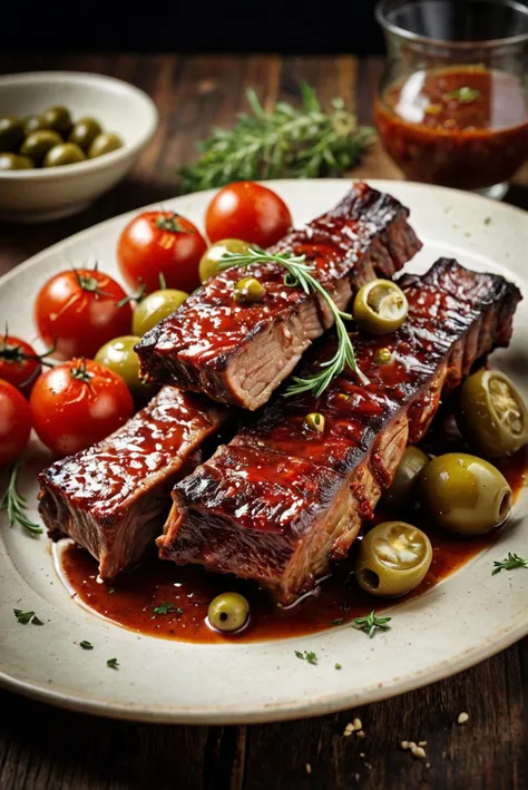 photoart_style,(braised smoked grilled ribs with tomatoes, green olives, sauce,onion),realistic,(film grain),ultrarealistic 4k,cinematic light,light glare,light flare,perfect composition, dynamic play of light, rich colors, epic shot, perfectly quality, natural textures,high detail, photoshadow, (natural colors, correct white balance, color correction, dehaze),(intricate detailed),