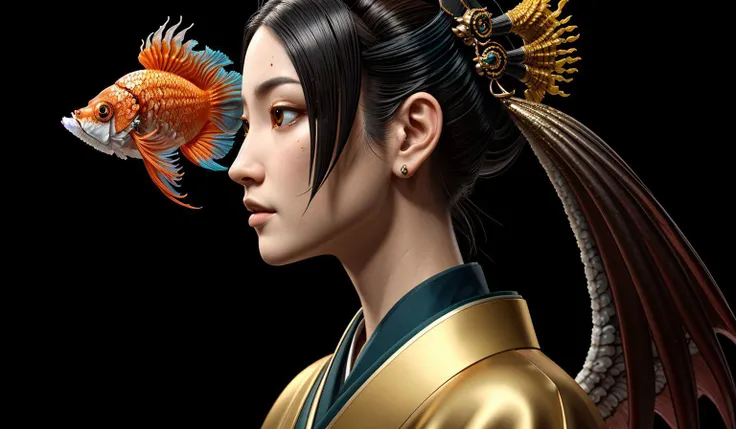 3 d goddess close - up profile portrait with ram skull. beautiful intricately detailed japanese crow kitsune mask and clasical japanese kimono. betta fish, jellyfish phoenix, bio luminescent, plasma, ice, water, wind, creature, artwork by tooth wu and wlop and beeple and greg rutkowski ilya kuvshinov, black teal and gold brown color scheme