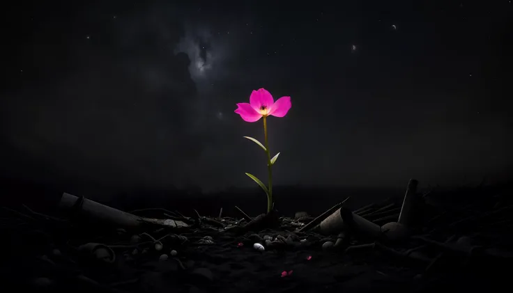 dreary, melancholy, drab, dark, dismal, abyssal, night sky, sadness, destruction, pain, sorrow, (a single teeny tiny bright pink glowing tulip:0.7)
