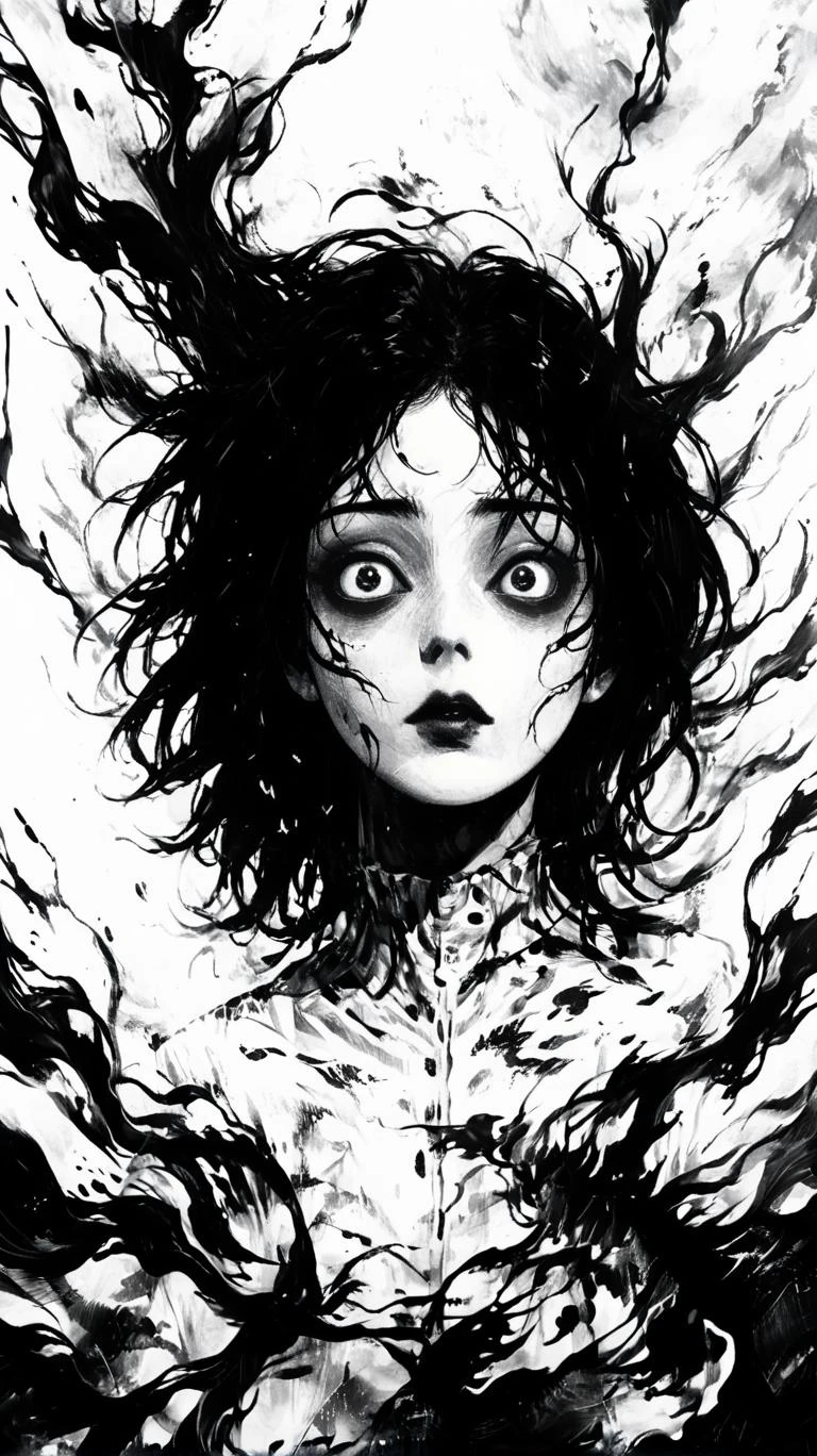 impactful paint of a Creepy woman silhouet floating in the sky,two tone,very long black hair,highly detailed,8k,sharp,professional,clear,high contrast,high saturated,vivid deep blacks,crystal clear,junji ito style<lora:Desolation:0.6>,SimplePositiveXLv2,<lora:itoStyleLycoris:0.6>,