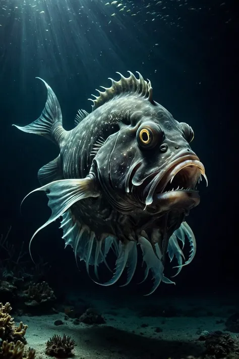 (photoart_style,realistic,film grain,4k) A dark, ominous, underwater scene featuring a giant, anglerfish-like creature with glowing, bioluminescent lures, set against a black, inky background.