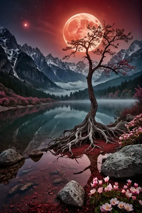 (photoart_style,realistic,film grain,4k),The ethereal beauty of a mystical landscape under the red moonlight. the scene should be illuminated by a large, radiant moon, casting its glow upon a twisted, yet majestic tree with blossoms that seem to sparkle in the night. the treeâs roots should be deeply embedded into rocky terrain, symbolizing its ancient existence. in the background, towering mountains loom, their peaks veiled in mist. a serene lake at the foot of the mountains reflects the moonâs luminescence. incorporate elements that evoke a sense of magic and mystery,deep rich vivid colors, intricate detail, perfect symmetry, epic atmosphere, great composition, perfect composition, highly detail, enchanted, beautiful, complimentary colors, beautiful elegant