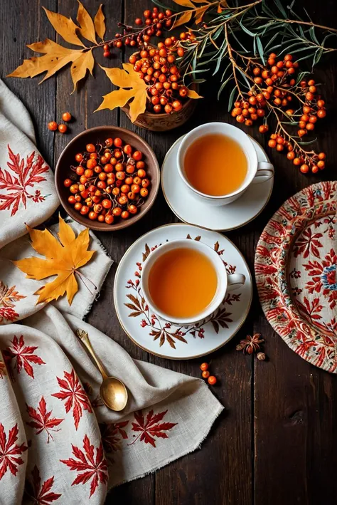(Award-winning Photography,magazine photography),(analog photo, instagram photo,photoart_style,realistic,film grain,4k),autumn still life, maple leaves, tea in a mug, sea buckthorn, honey,linen tablecloth with red ethnic patterns and embroidered patterns,dark wooden background, is rendered in vivid red tones, reflecting the rich color palette of the Dutch Golden Age painting style,natural light, epic atmosphere,perfect composition, perfect symmetry, great composition, complimentary colors,Adobe Lightroom,fine textures,high quality textures of materials, volumetric textures, natural textures,anatomically perfect, super detailed, award winning photography