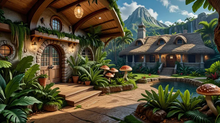 Hyperrealistic art ,photograph, Vibrant (Vacation home:1.2) , smooth, inspired by Jurassic Park, Evocative dungeon in background, horizon-centered, Mushroomcore, Orton effect, Nikon d850, 35mm, art by Dan McPharlin, (Gustave Courbet:1.1) . Extremely high-resolution details, photographic, realism pushed to extreme, fine texture, incredibly lifelike