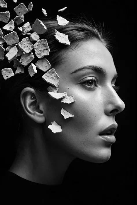 (Award-winning Photography,magazine photography),(analog photo, instagram photo,photoart_style,realistic,film grain,4k),3D model of a face in profile, broken into pieces and flying away from each other, on a black background, in the style of Zbrush, in grayscale, rounded organic shapes,natural light, epic atmosphere,perfect composition, perfect symmetry, great composition, complimentary colors,Adobe Lightroom,fine textures,high quality textures of materials, volumetric textures, natural textures,anatomically perfect, super detailed, award winning photography