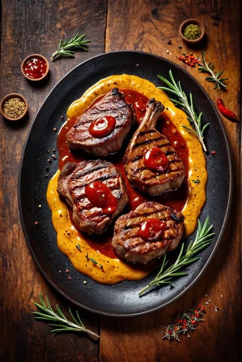 (photoart_style,realistic,film grain,4k),Food photography style,piece of fried grilled meat, splashes of ketchup and mustard sauce, (rosemary), spices,deep rich vivid colors, intricate detail, perfect symmetry, epic atmosphere, great composition, perfect composition, highly detail, enchanted, complimentary colors, beautiful elegant stylish