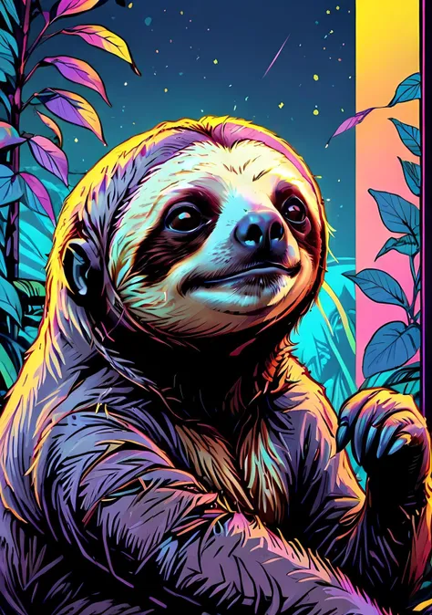 (masterpiece, best quality, high quality:1.4), digital art, dull colors, (closeup of a sloth, simple background, dark background:1.1), serene, mellow, (comic book, outlines, retro_neon, BRYO-XL) <lora:add-detail-xl:1.2> <lora:EldritchComicsXL1.2:0.85> <lora:retro-neon-xl-style:0.85>
