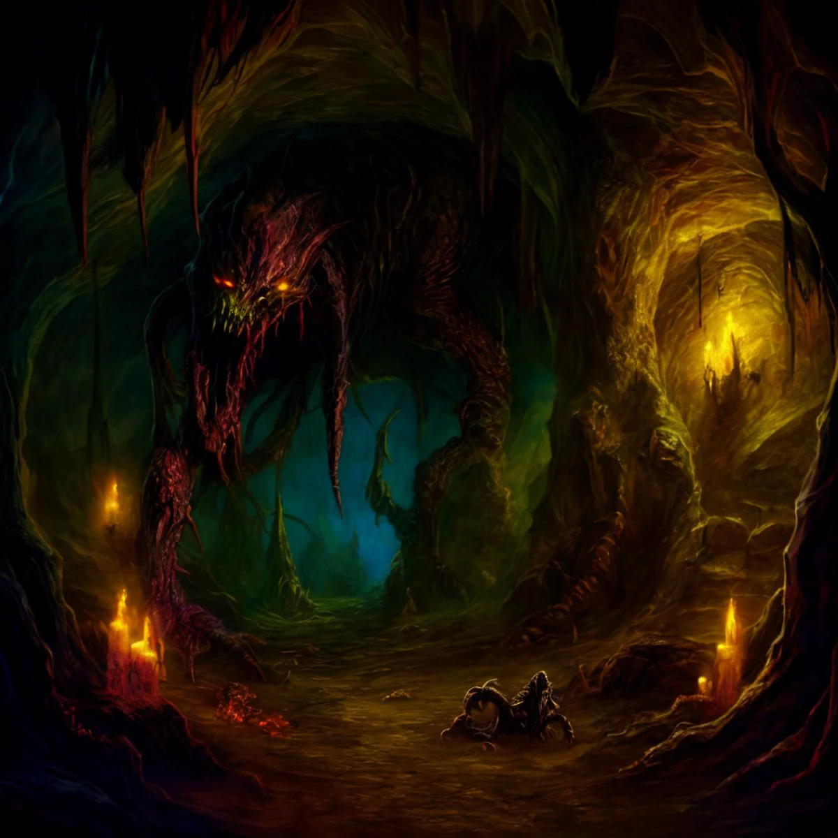 <lora:FantasyUnderground:0.8> fanun, dark, sinister, underground natural cave, cave creature, hideous monster, lurking in the shadows, mythical beast, horror, unknown terror, best quality, masterpiece, <lora:more_details:0.7>