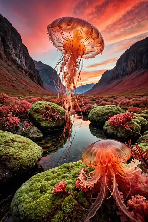 (Award-winning Photography,magazine photography),(analog photo, instagram photo,photoart_style,realistic,film grain,4k),A photograph of a surreal machine jellyfish floating at the left and right corner of the photo and clearly space in the middel and red coral reefs with landscape, organic shapes made from translucent materials and metallic hues, resembling, set against an alien red sky background. The scene includes wildflowers and other natural elements that appear to be melting into the forms, creating a dreamlike atmosphere. In the foreground is an array of small rocks covered in moss-like patterns, adding depth to the composition, red tone,natural light, epic atmosphere,perfect composition, perfect symmetry, great composition, complimentary colors,Adobe Lightroom,fine textures,high quality textures of materials, volumetric textures, natural textures,anatomically perfect, super detailed, award winning photography
