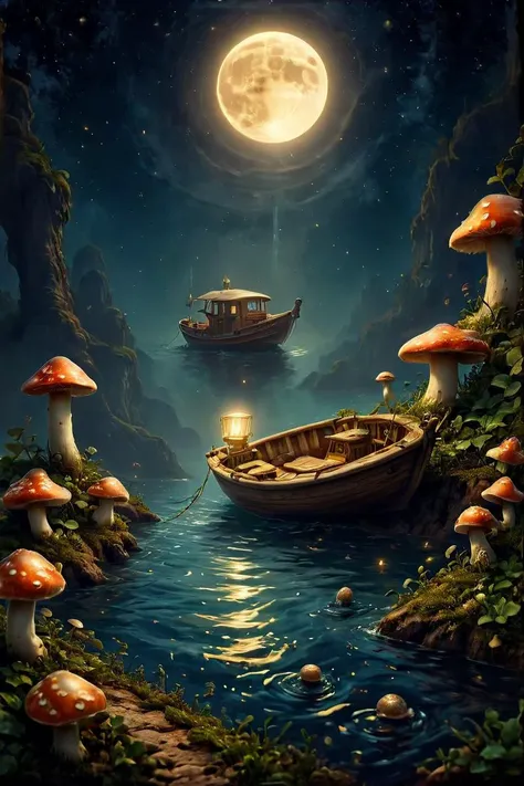 (photoart_style, realistic, film grain,4k) A ink sketch of a small boat floating beneath a full moon, with bioluminescent mushrooms growing on its sails. <lora:Flux-style-xl-lora:1> <lora:SDXLFaeTastic2400:1>