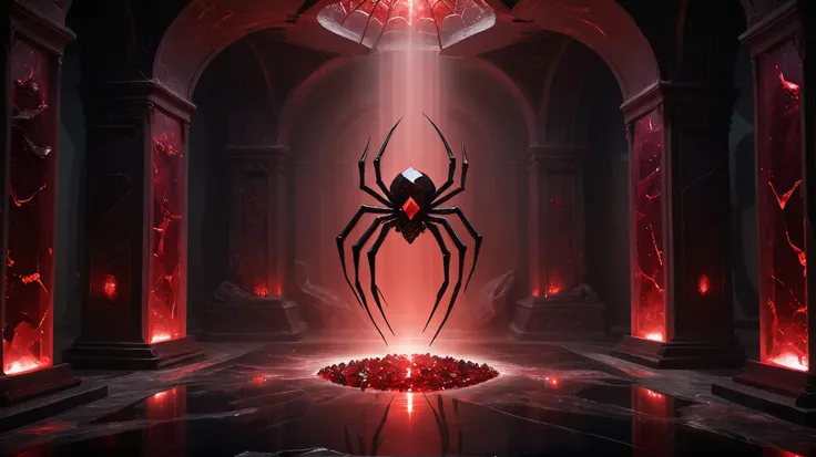 Obsidian Fortress Interior Design Concept: Inverted Feng Shui with Red Ruby Gems and Spider Guardian Sculptures, Illuminated by Gloomy Red Light and Red Rays In this refined design concept, we delve even deeper into the realm of mystique and intrigue by infusing the obsidian fortress with a haunting gloomy red light, filtered through red crystal to cast eerie rays throughout the space. This transformation will enhance the surreal atmosphere, enveloping visitors in a mesmerizing cascade of crimson hues that dance off the polished surfaces and ruby-encrusted accents. Key Elements of the Design: Dark Polished Obsidian Structure Enhanced with Red Ruby Gems: The dark, polished obsidian walls and floors will be further accentuated by the ethereal glow of the red ruby gems, their crimson brilliance juxtaposed against the obsidian backdrop. These gems will shimmer and sparkle in the gloomy light, casting a hypnotic allure upon all who behold them. Spider Guardian Sculptures: Illuminated by the eerie red light, the stone sculptures of spider-like guardians will take on an even more ominous and imposing presence. Their forms will be bathed in the crimson glow, casting ominous shadows that dance across the space, heightening the sense of foreboding and ancient power. Gloomy Red Light Filtered Through Red Crystal: The ambient light within the fortress will be transformed into a haunting gloomy red, filtered through intricate red crystal formations suspended from the ceiling. As the light passes through the crystal, it will refract and scatter, creating mesmerizing rays that permeate the space with an otherworldly aura. Ancient Ritual Chambers: Within the depths of the fortress, hidden chambers dedicated to ancient rituals and arcane practices will be bathed in the crimson glow of the red light. Murals depicting dark ceremonies and esoteric knowledge will take on an eerie vibrancy, their arcane symbols pulsating with mysterious energy. Sinister Symbols with Ruby-Encrusted Spider Motifs: The ornate spider motifs, adorned with radiant ruby gems, will gleam with an otherworldly brilliance in the gloomy red light. From the intricate web patterns to the stylized spider sculptures, these symbols will cast haunting shadows that seem to come alive in the crimson glow. Overall Mood and Atmosphere: With the introduction of the gloomy red light and red crystal rays, the obsidian fortress will be transformed into a surreal and captivating environment unlike any other. Visitors will find themselves immersed in a world where ancient power and arcane mystique converge, surrounded by the haunting beauty of crimson hues and shimmering ruby gems. Prepare to embark on a journey into the unknown, where every shadow holds a secret and every corner reveals a new mystery waiting to be unraveled.