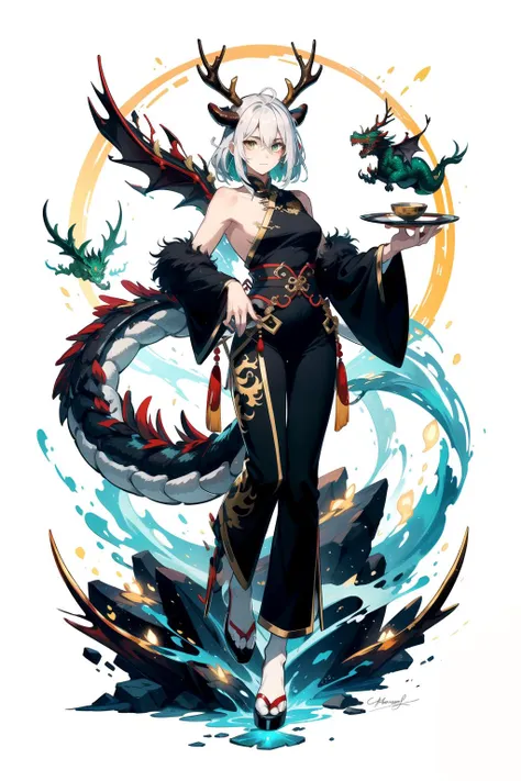 China dragon, Scale color Red and gold, Eye color Emerald green, Horn color Ivory, Claw color Silver, Tail tip A tuft of black fur, (china dragons are wingless) Whiskers, beard, antlers, scales that glow in the dark, ability to change size and shape at will.